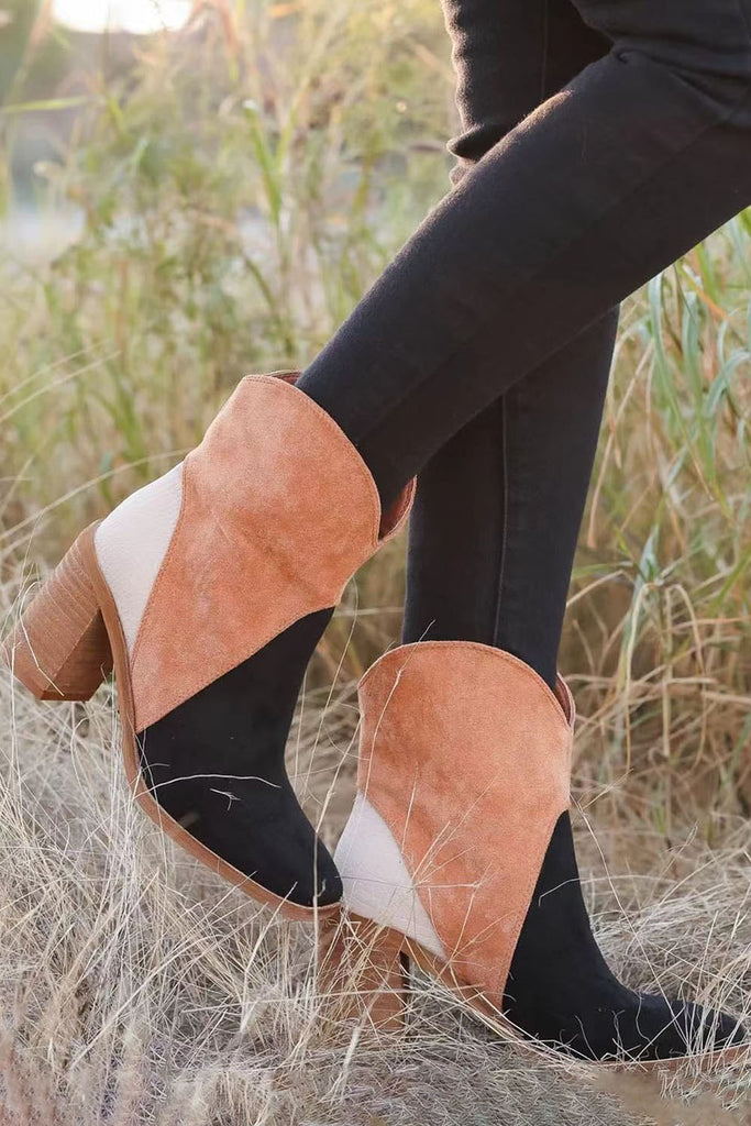 Colorblock Suede Heeled Ankle Booties